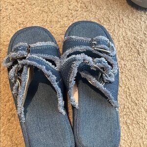 Frayed Denim Slide Sandals